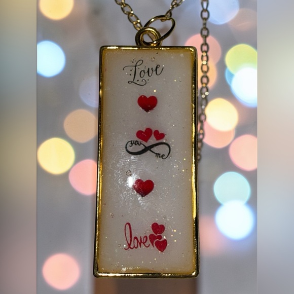 Hand Crafted Jewelry - Handmade Resin Love You & Me Pendant Necklace Gold Bezel Romantic Gift